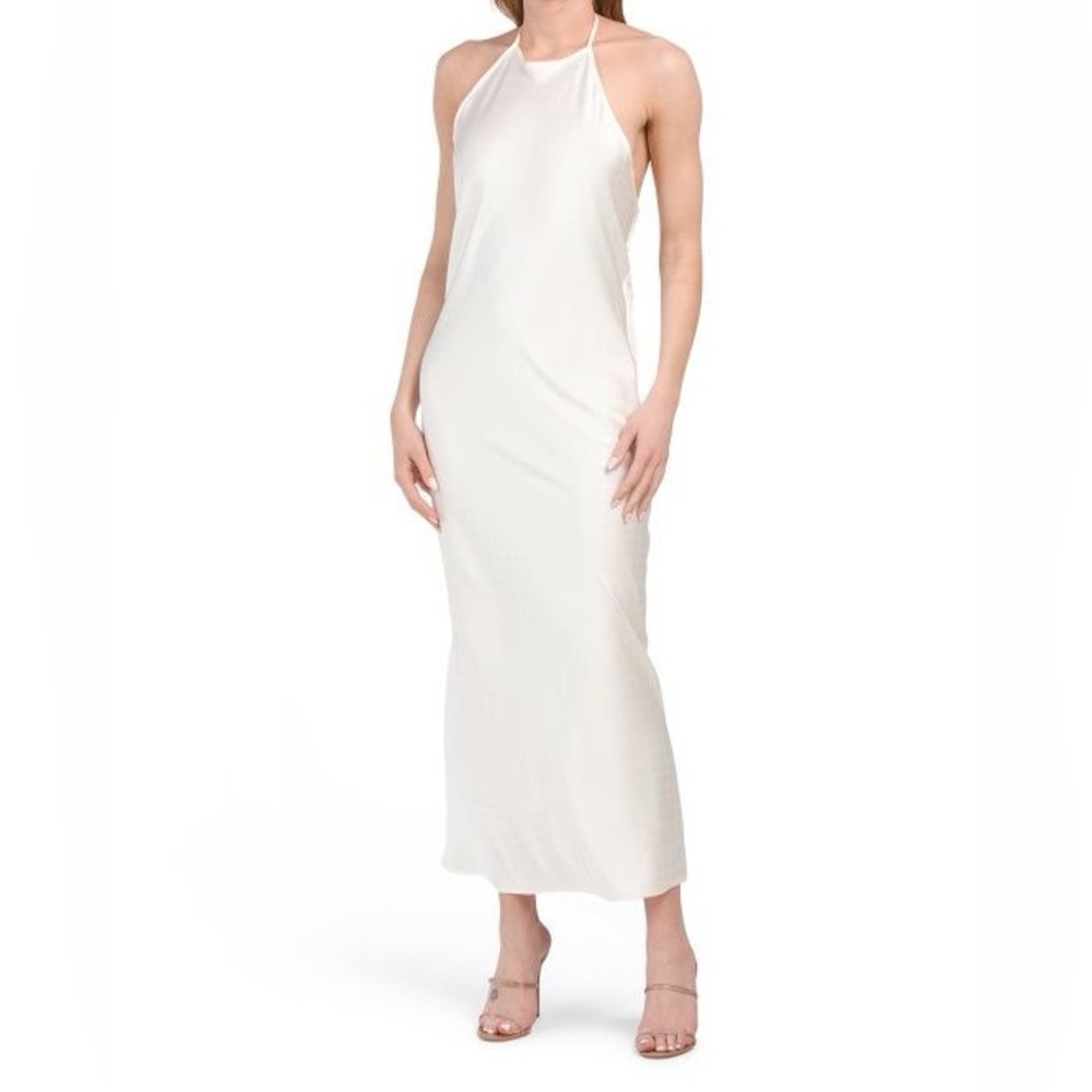 House of Harlow 1960 Halter Low Back Embossed Satin Long Maxi Dress